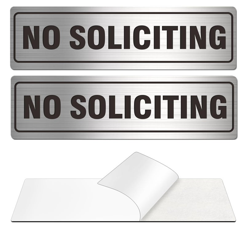 MongFun Self-Adhesive No Soliciting Sign Metal for House Business Office Doors, 2 Pack Silver Color Aluminun 7 x 2 inches, Unique Small Design Durable UV and Weather Resistant, Easy Installation - Image 1